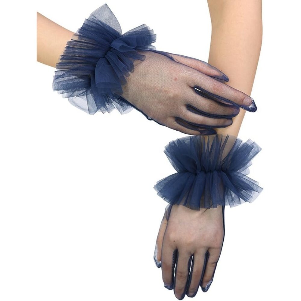 Women's Short Navy Blue Ruffle Tulle Mesh Sheer Gloves Wedding Party Tea Prom